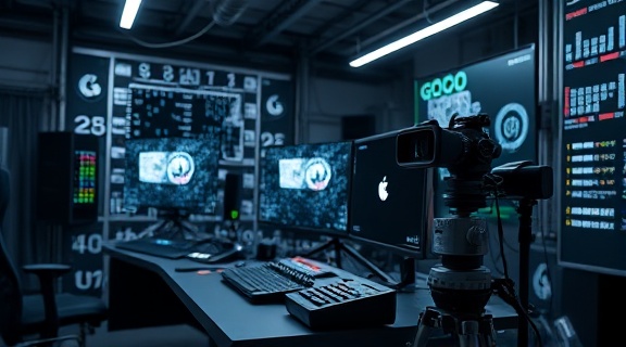 elaborate grading background, critical, refining 3D render textures, photorealistic, digital artist workspace with VR equipment, highly detailed, data code swirling as holograms, pin-sharp resolution, monochromatic shades, ambient LED glow, shot with an 85mm f/1.4 lens.
