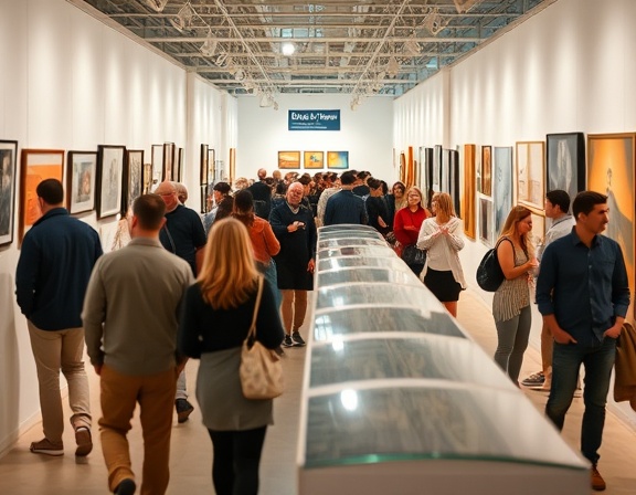 collaborative grading collection, engaged, assembling a portfolio of artworks, photorealistic, bustling art exhibition space, highly detailed, guests moving past displays, crisp focus, rich tones, gallery spotlighting, shot with a 50mm prime lens.