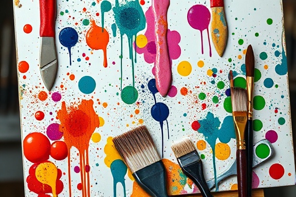 intricate grading illustration, analytical, comparing color palettes, photorealistic, artist's studio with paint-splattered canvas, highly detailed, brushes and palette knives in motion, high resolution, vibrant colors, soft ambient light, shot with a Canon 85mm f/1.2 lens.